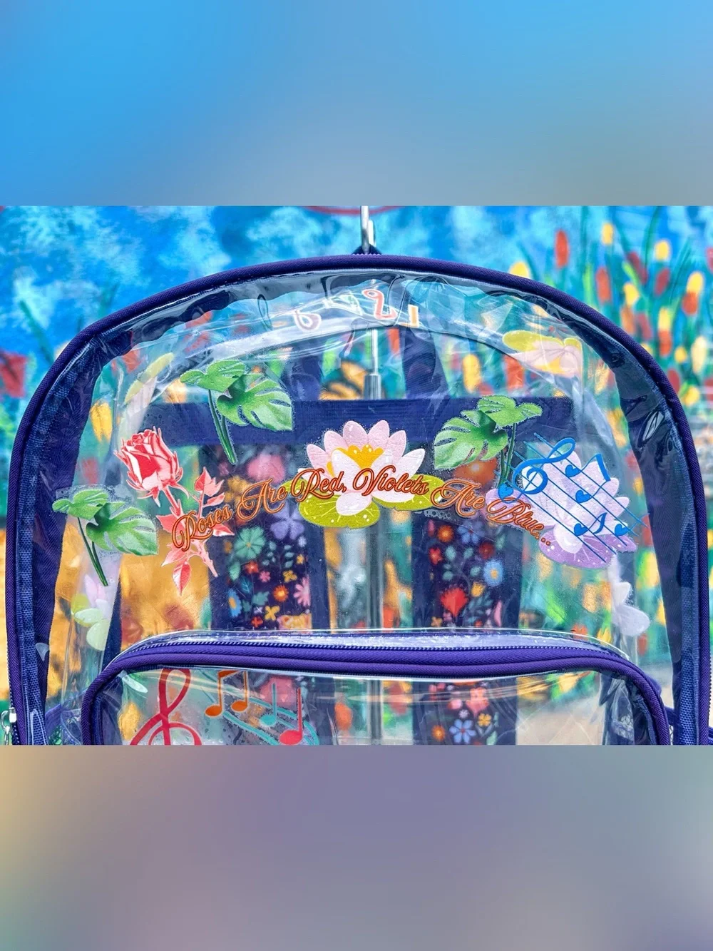 VIOLIN FROG Clear Backpack 15” | Navy Blue with Custom Graphic Print